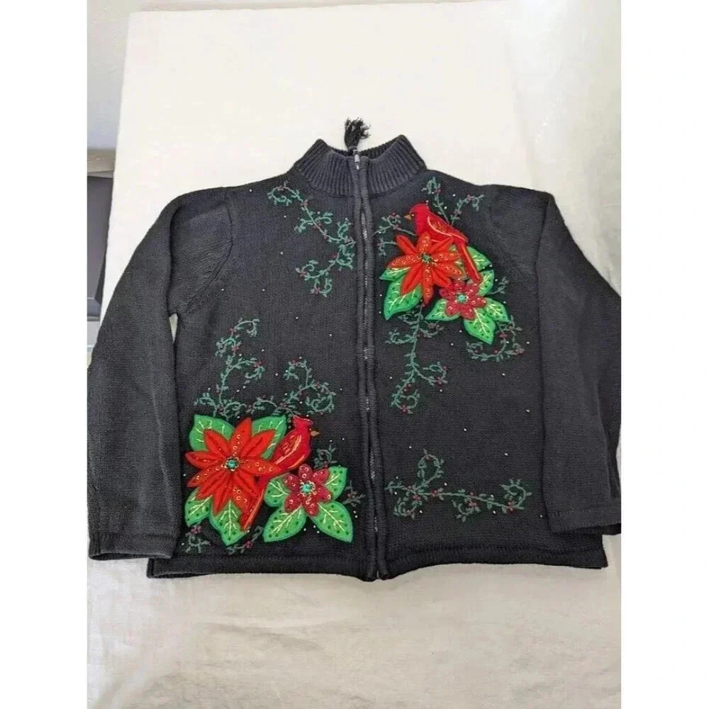 Poinsettia and cardinal holiday zip up cardigan sweater, black women's size 12